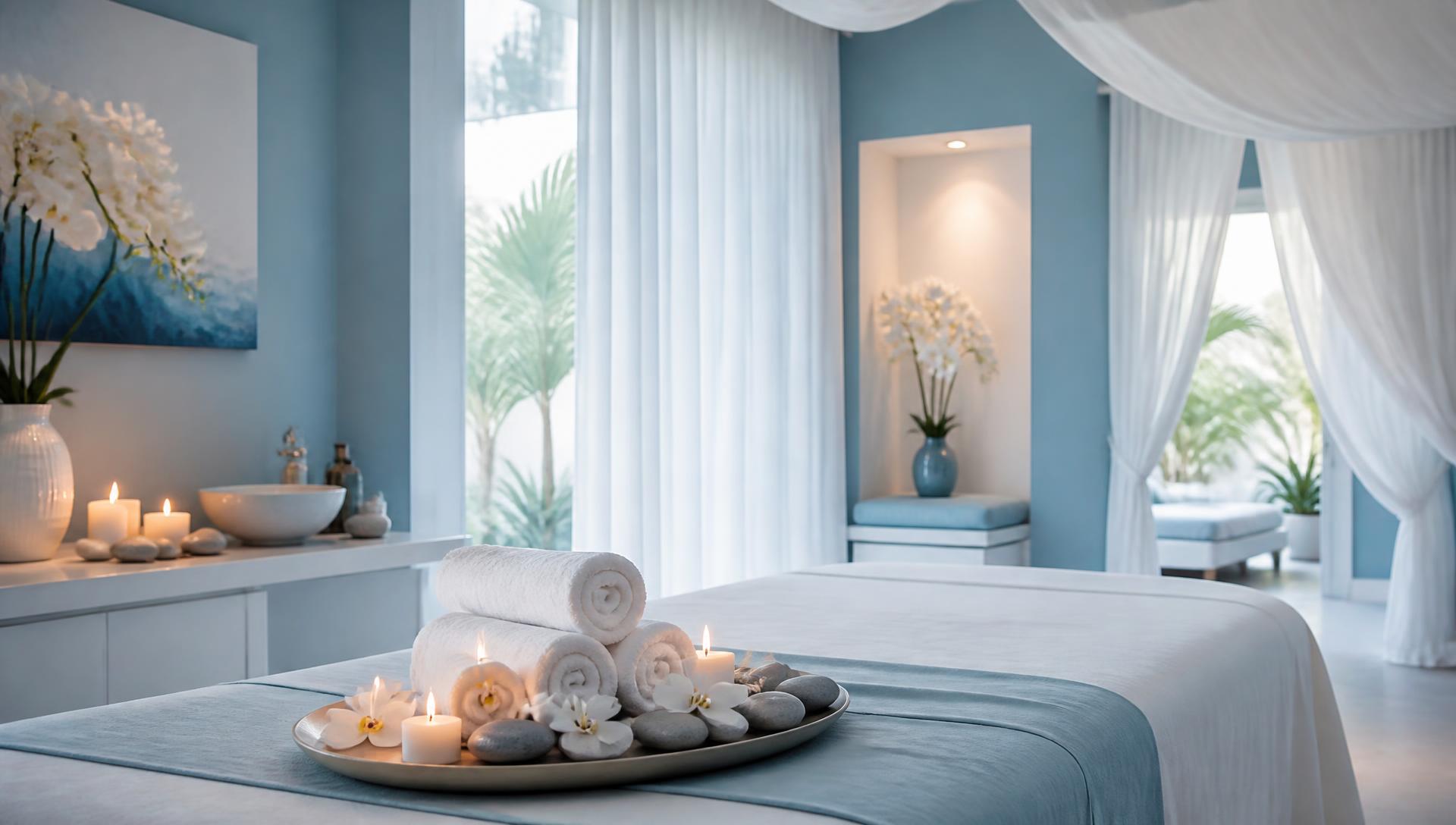 Serene blue and white spa treatment room with candles, towels and massage stones