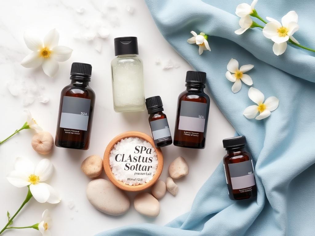 Spa oils, sea salt and white flowers on marble